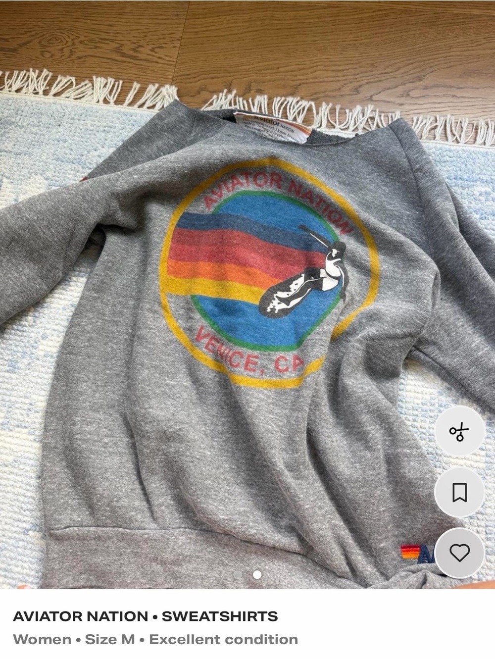 Aviator Nation Gray Crewneck Sweatshirt with Rainbow Stripe Logo